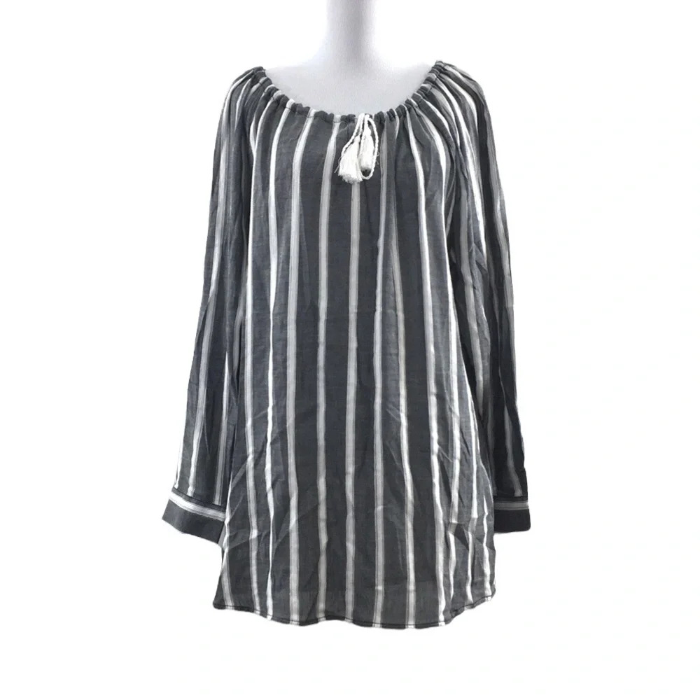 Tommy Hilfiger Gray White Striped Tassel Boho Top Womens Small LS Peasent